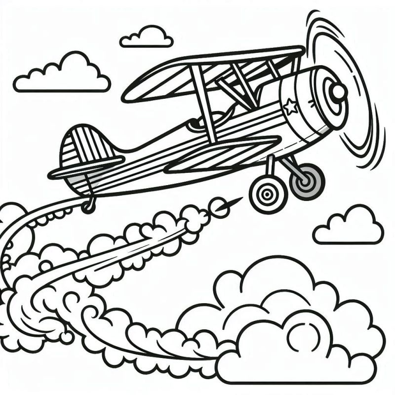 Desenho de avião biplano voando entre nuvens para colorir