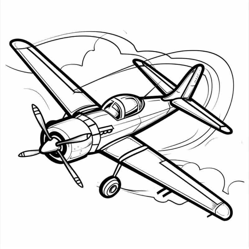 Desenho detalhado de um avião de caça em pleno voo para colorir