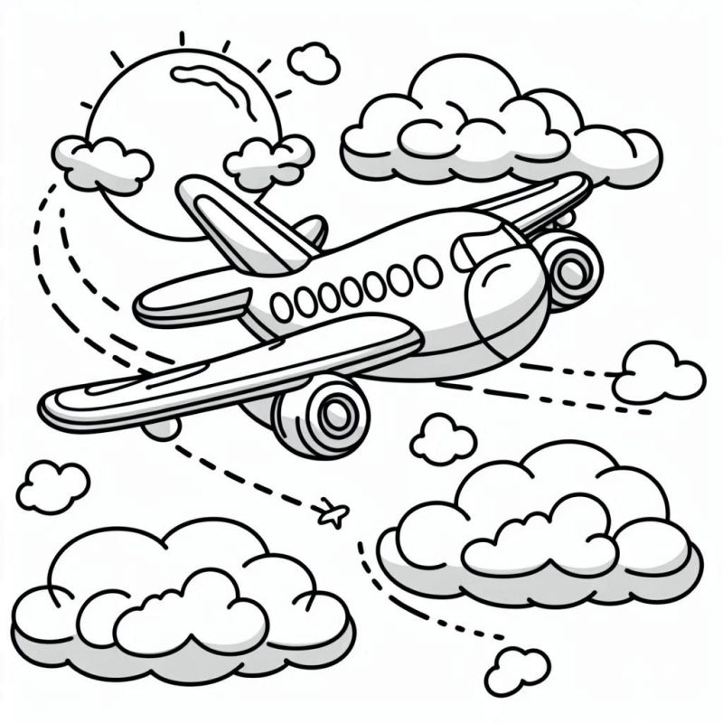 Desenho de um avião robusto em voo com sol e nuvens para colorir