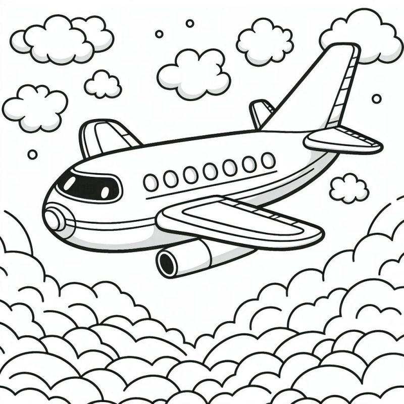 Desenho em preto e branco de um avião voando entre nuvens, perfeito para colorir