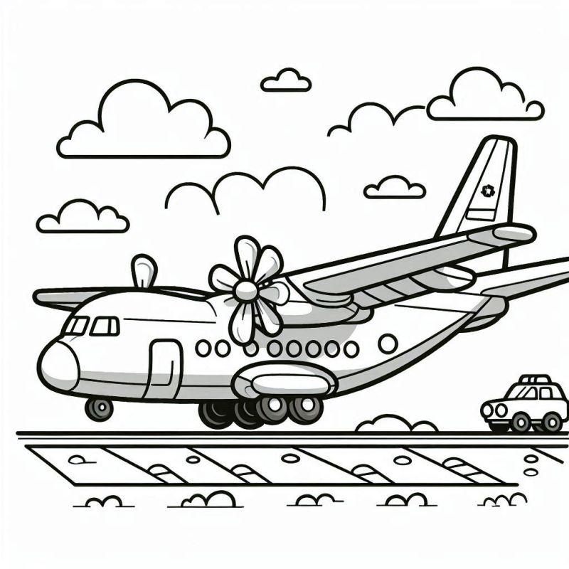 Desenho de um grande avião de transporte pousando na pista para colorir