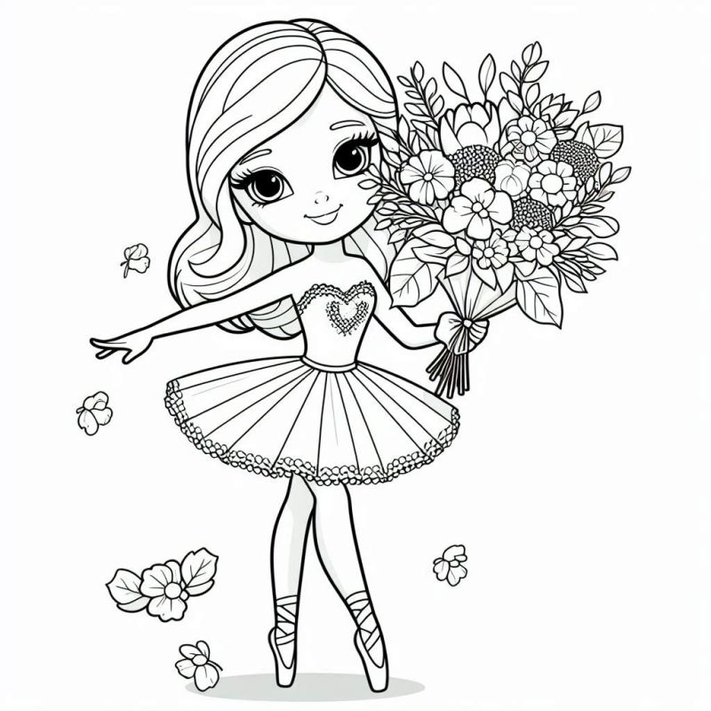 Desenho de bailarina com buquê de flores para colorir