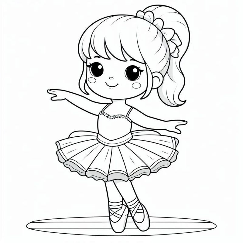 Desenho de jovem bailarina dançando em pose clássica para colorir