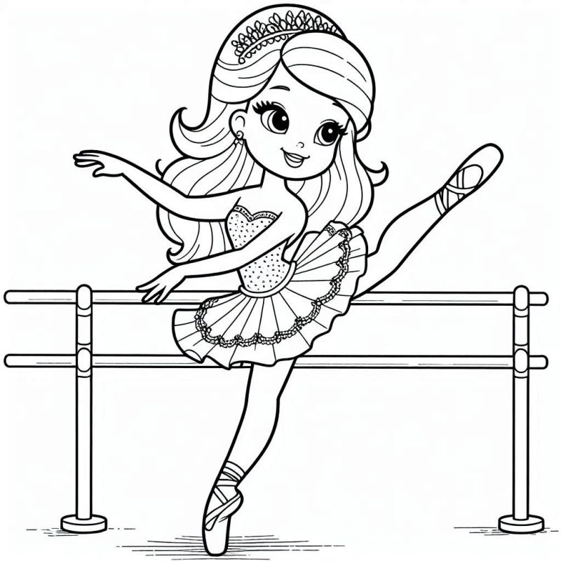 Desenho de Bailarina Clássica com Barra de Ballet para Colorir