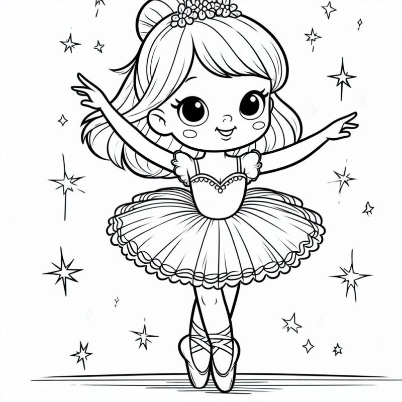 Desenho de bailarina em pose clássica para colorir com cenário mágico