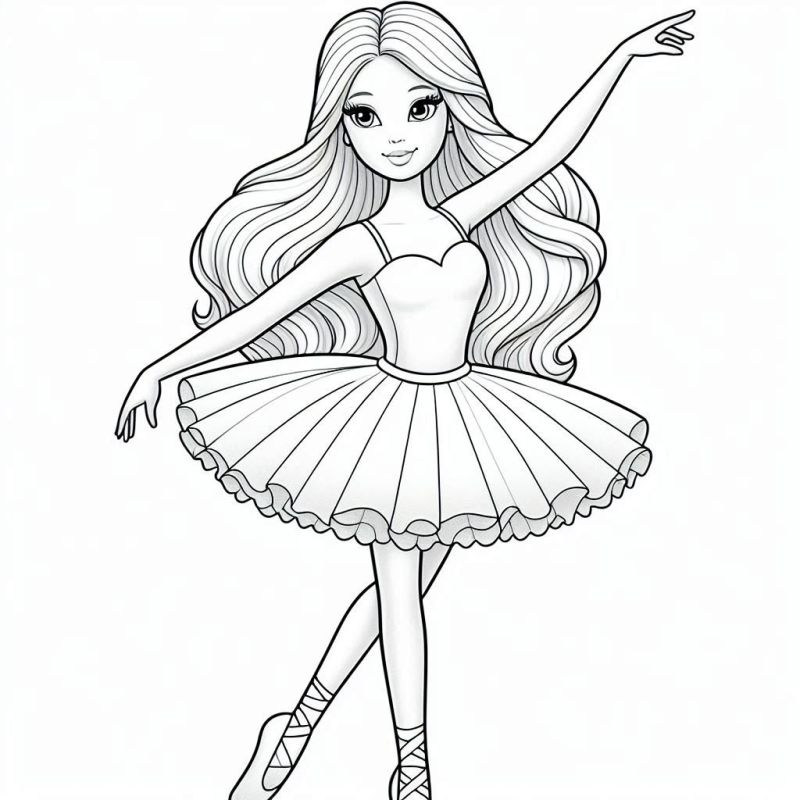 Desenho de bailarina em pose clássica para colorir, com traços finos e detalhes graciosos.