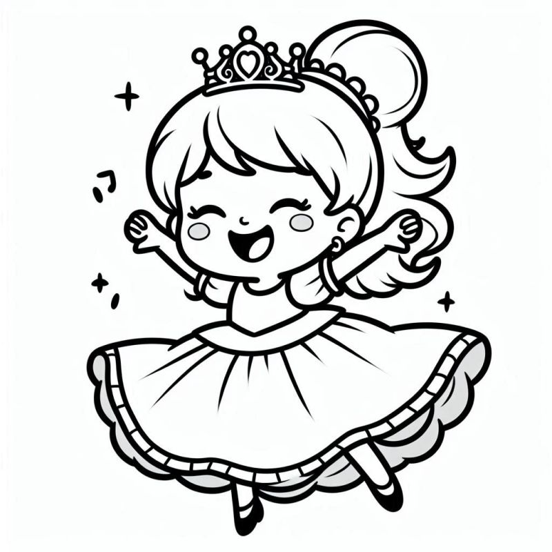 Desenho para colorir de uma bailarina princesa dançando alegremente