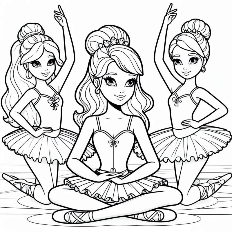 Desenho de bailarinas da Barbie para colorir, usando tutu e sapatilhas