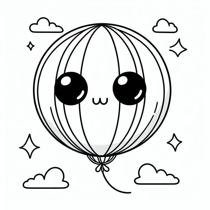 Desenho de Balão Feliz Cercado por Nuvens e Estrelas para Colorir