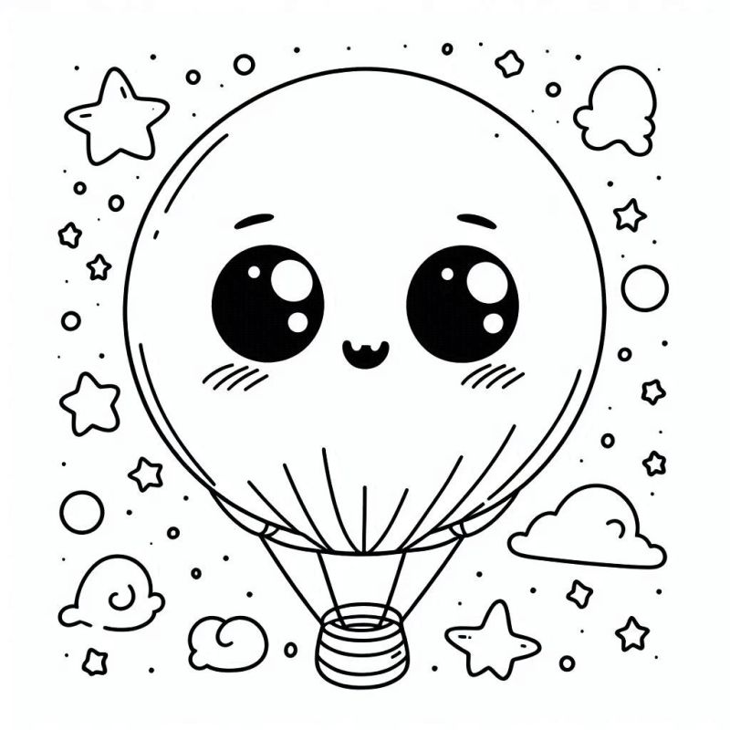 Desenho kawaii de balão de ar quente com rosto fofo para colorir