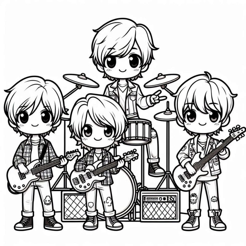 Desenho de banda chibi com guitarras e bateria para colorir