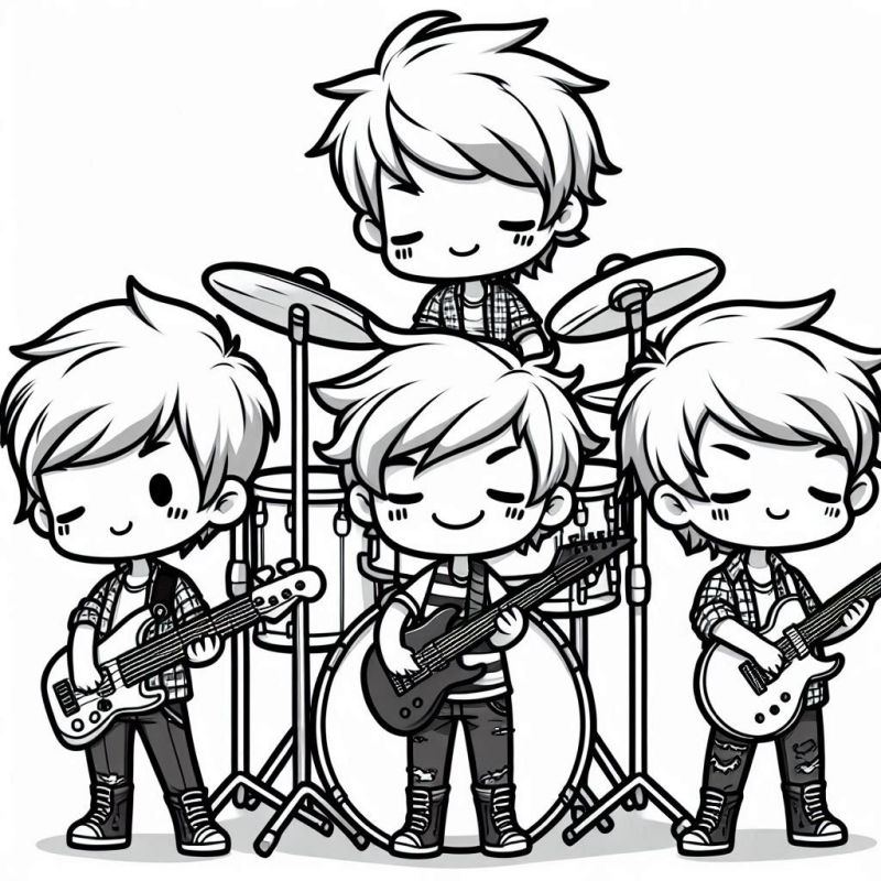 Desenho de Banda Musical Chibi para Colorir