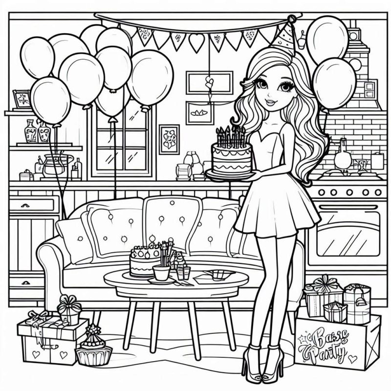 Desenho de festa de aniversario da Barbie com bolo de aniversario e presentes para colorir