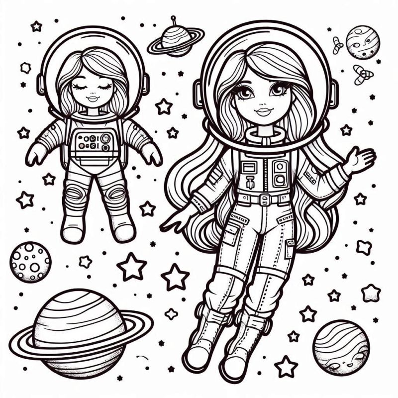 Desenho de Barbie astronauta em trajes espaciais para colorir