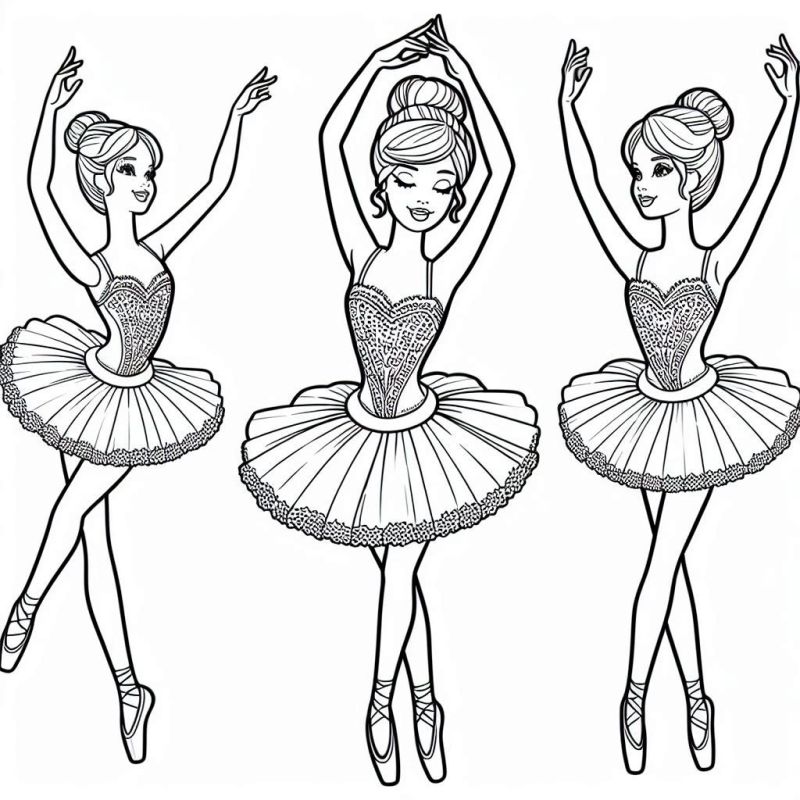 Desenho de três Barbies em trajes de bailarina para colorir