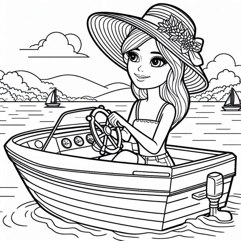 Desenho da Barbie Navegando em um Barco para Colorir