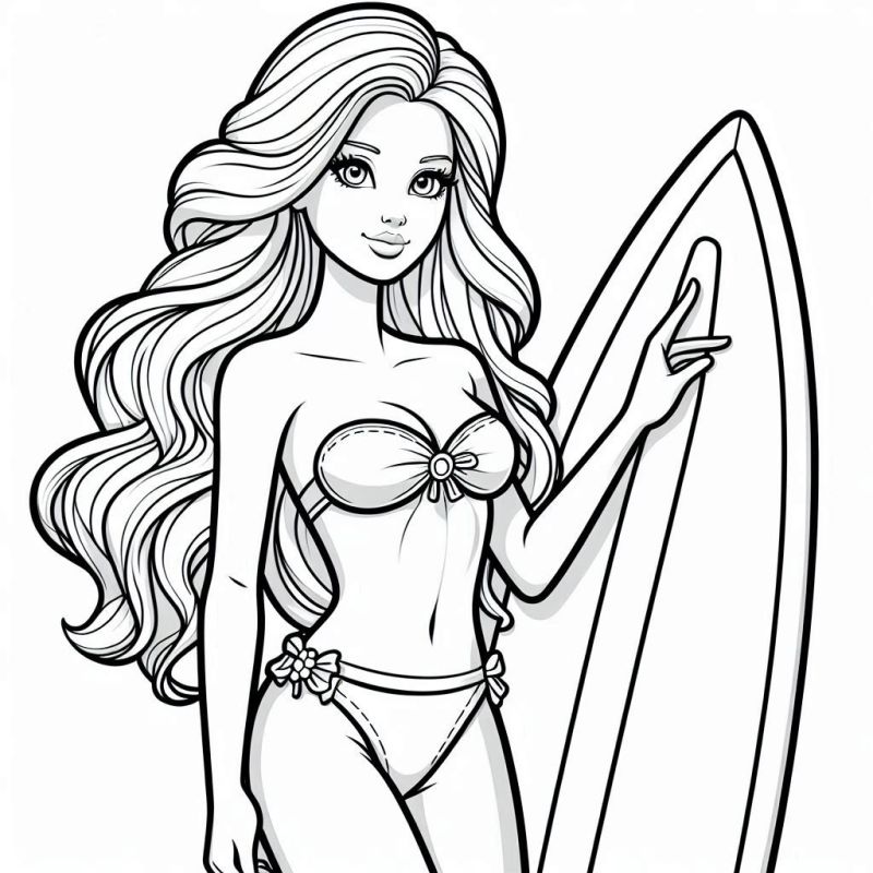 Desenho da Barbie de biquíni com prancha de surfe para colorir