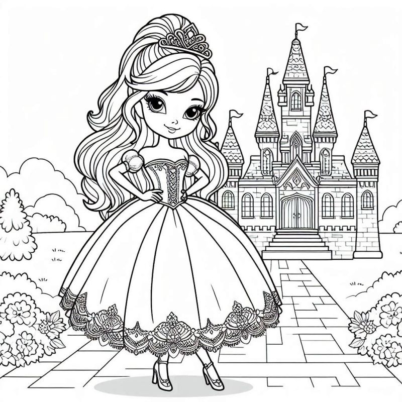 Desenho da Barbie Princesa no Castelo para Colorir