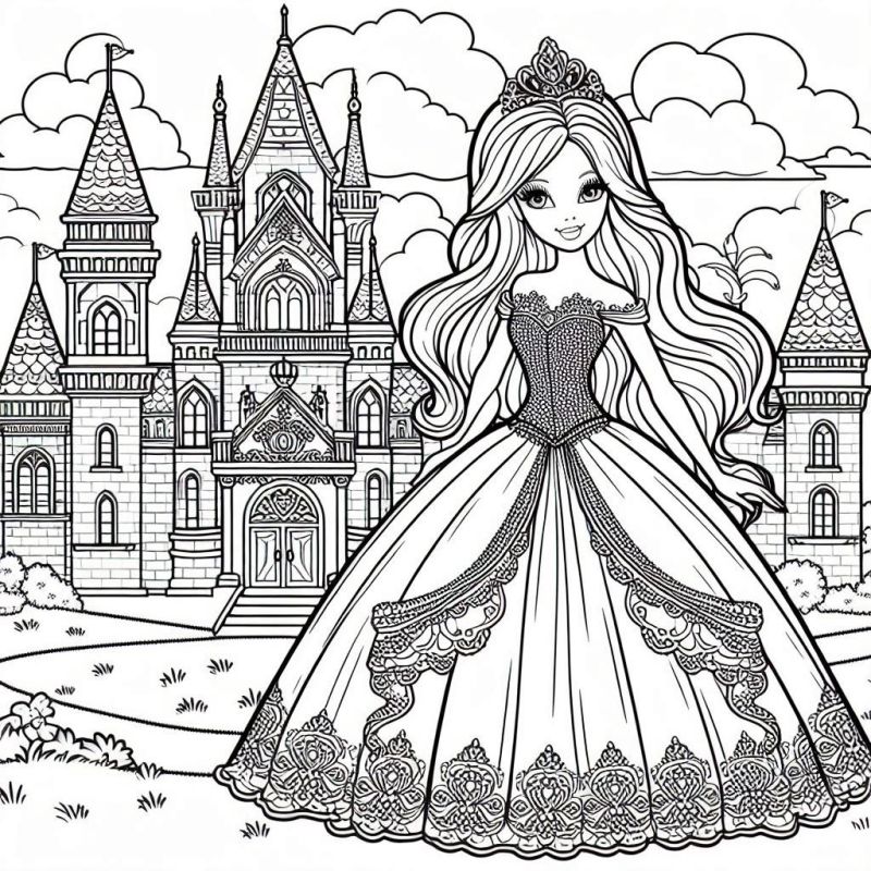 Princesa Barbie em frente a um castelo detalhado para colorir