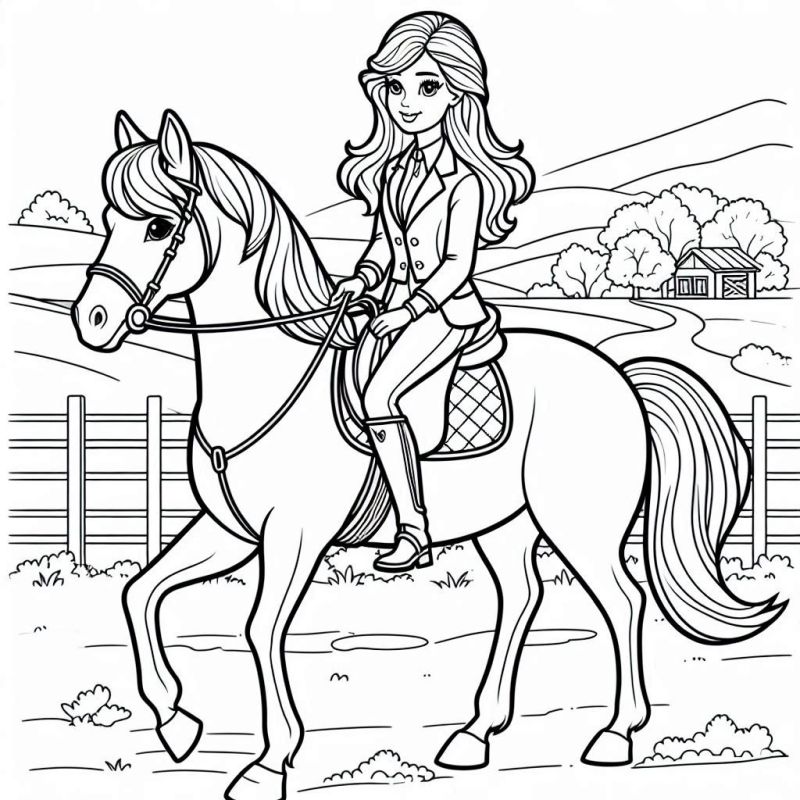 Desenho para colorir da Barbie cavaleira montada em cavalo