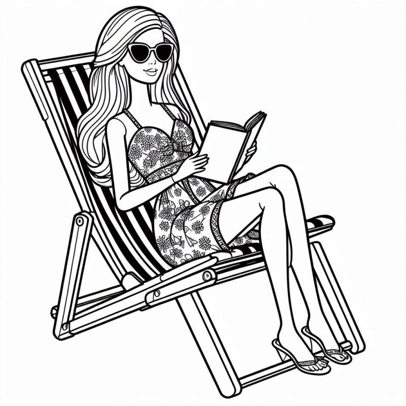 Barbie relaxando em uma cadeira de praia, vestindo vestido floral e lendo um livro