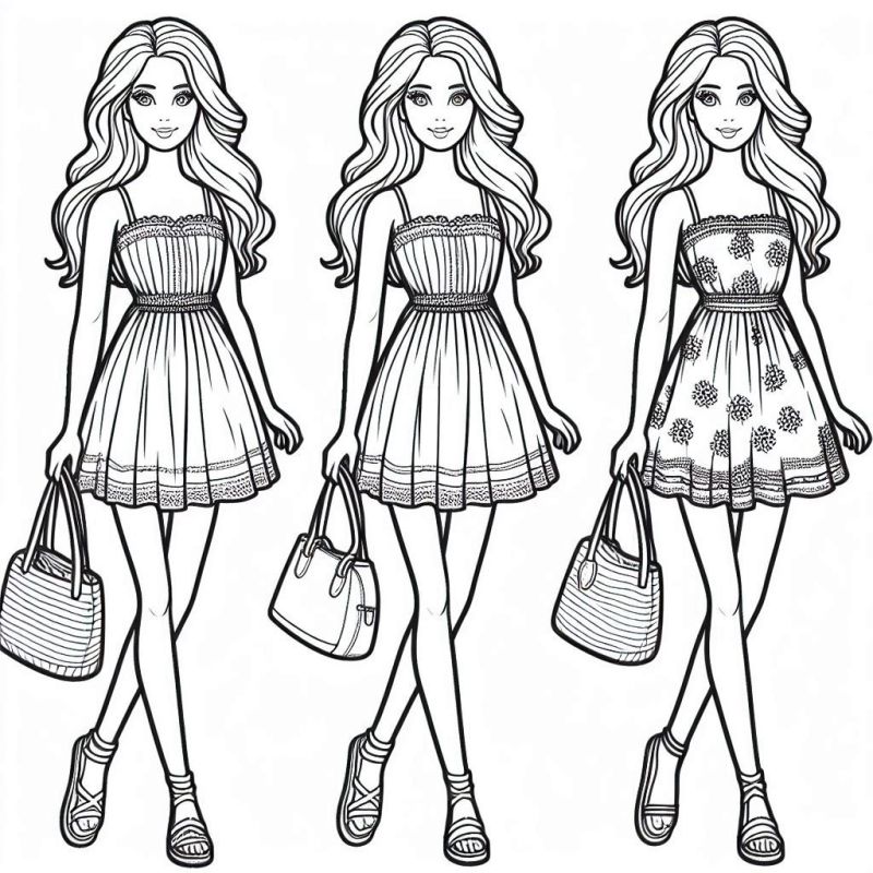 Três Barbies para colorir com vestidos glamorosos e bolsas detalhadas