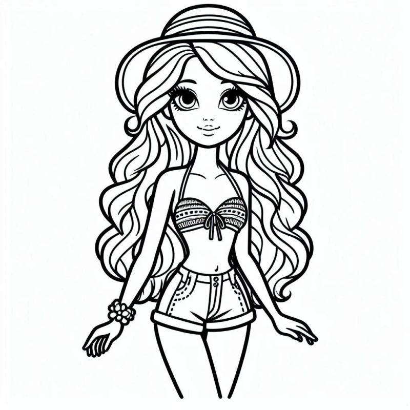 Desenho da Barbie com top estilo biquíni e chapéu de aba larga para colorir