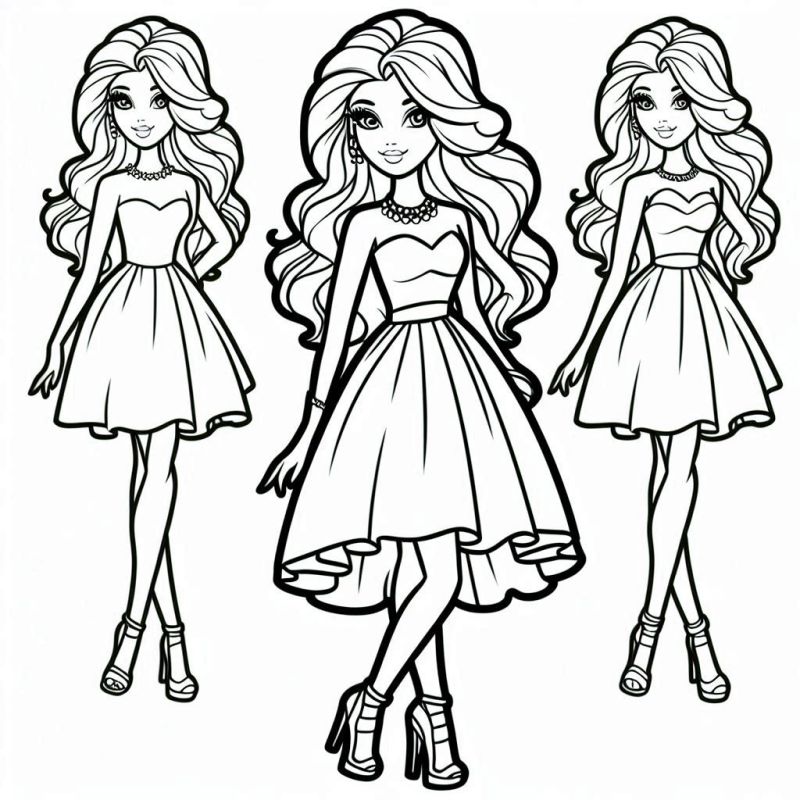 Desenho para colorir de Barbie em três poses diferentes