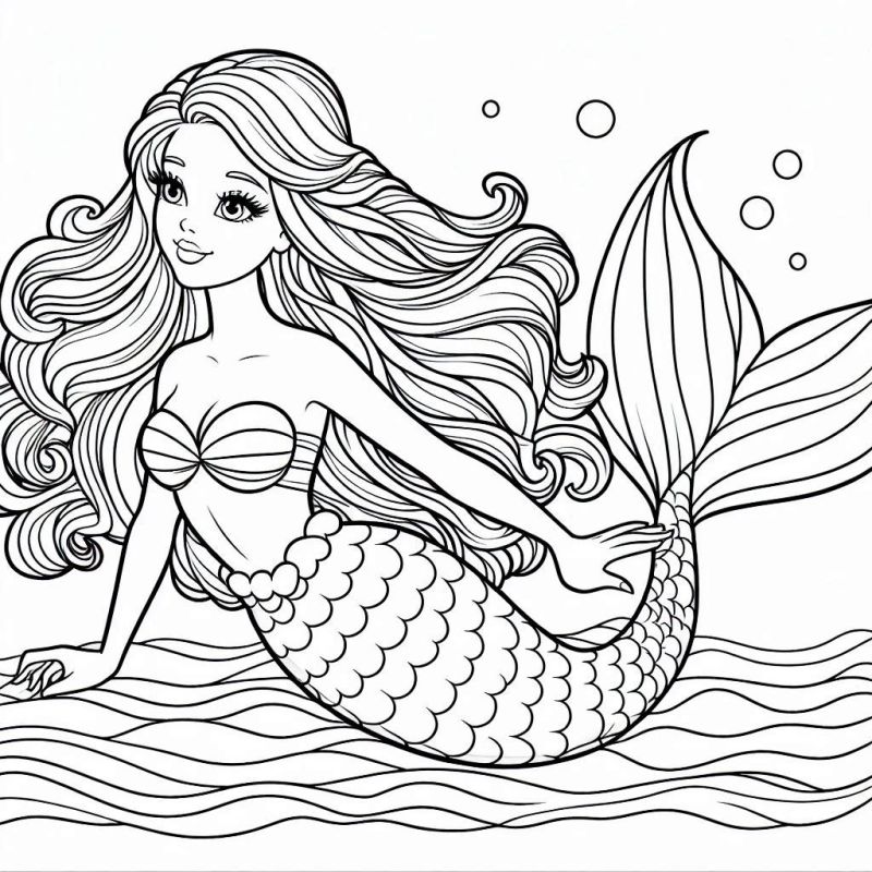 Desenho de Sereia Barbie para Colorir - Imagem Detalhada e Calmante