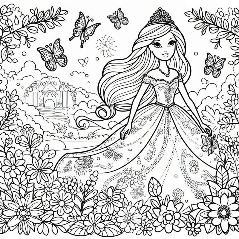 Desenho detalhado da Barbie como princesa com castelo ao fundo para colorir