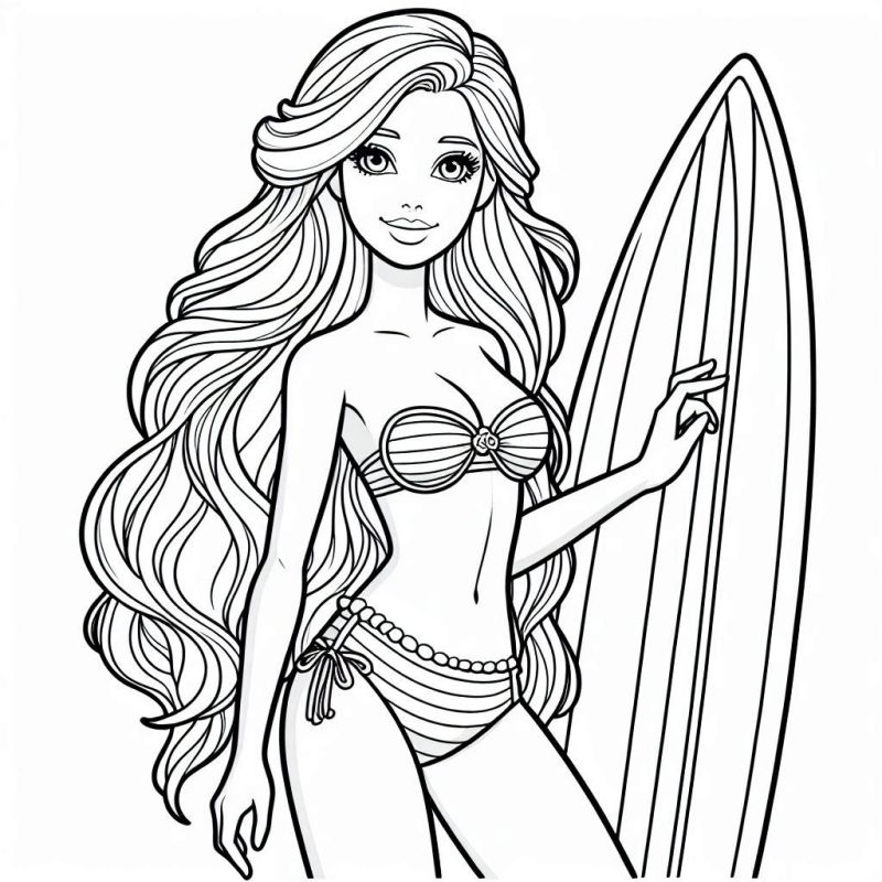 Desenho para Colorir de Barbie com Prancha de Surf