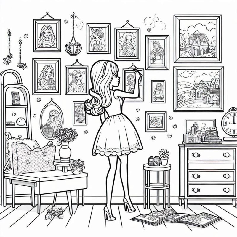 Desenho da Barbie Ajustando Quadro em Quarto Decorado para Colorir