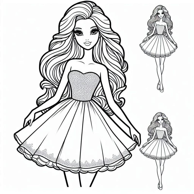 Desenho da Barbie com Vestido Elegante para Colorir