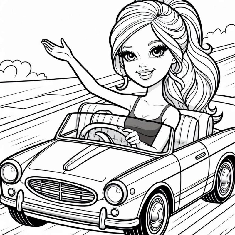 Desenho da Barbie estilizada dirigindo um carro conversível clássico para colorir