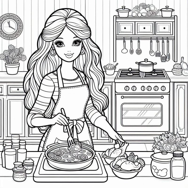 Barbie cozinhando na cozinha, desenho para colorir