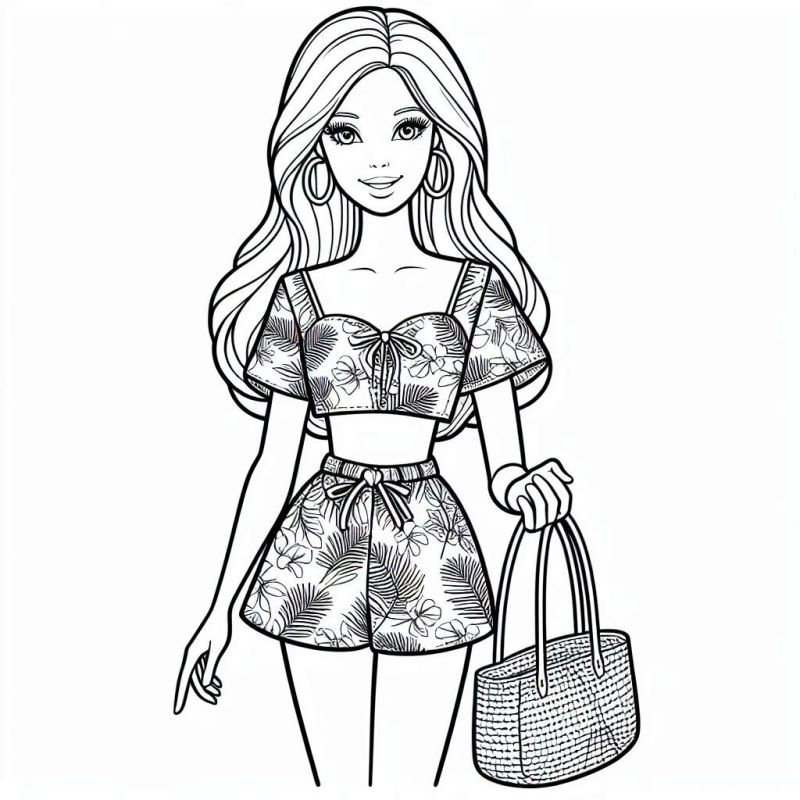 Desenho de Personagem Inspirada na Barbie com Roupa Tropical para Colorir