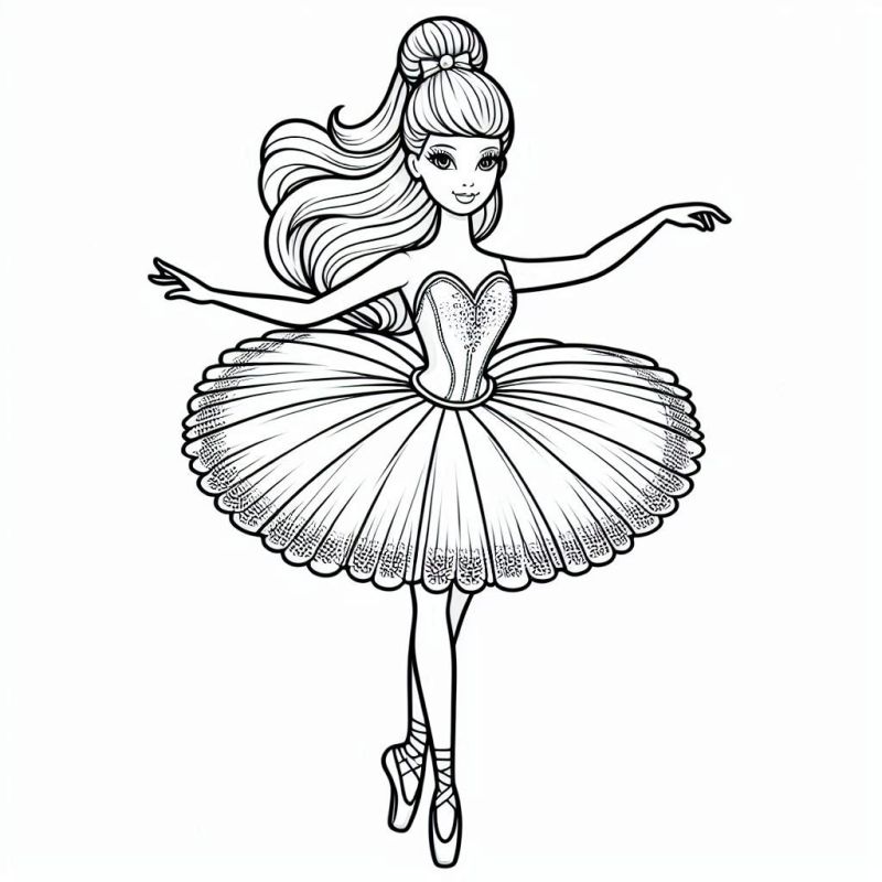 Desenho detalhado da Barbie vestida como bailarina em pose elegante para colorir