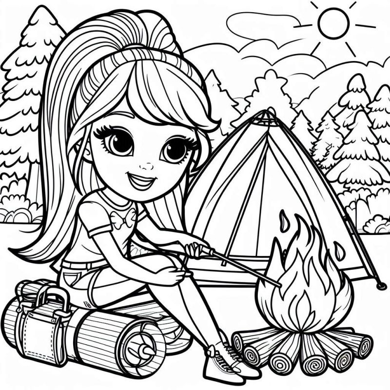 Desenho de Barbie em Acampamento para Colorir com Fogueira e Marshmallows