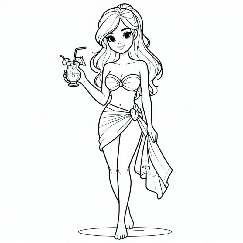 Desenho da Barbie com Bebida Tropical para Colorir