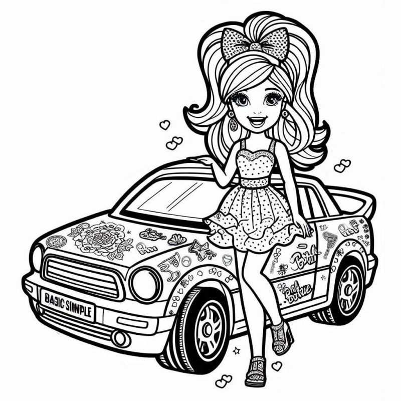 Desenho da Barbie com carro estilizado para colorir