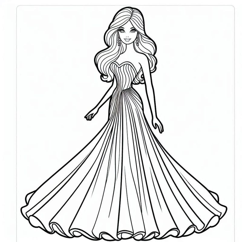 Desenho da Barbie em um vestido glamoroso para colorir, ideal para crianças e adultos