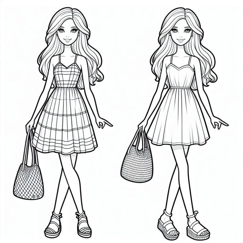 Desenho para colorir de duas Barbies, com vestidos e bolsas detalhados.