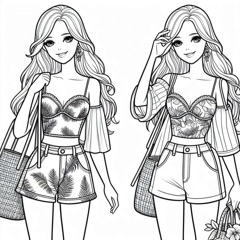 Desenho de Duas Amigas Barbie no Verão para Colorir