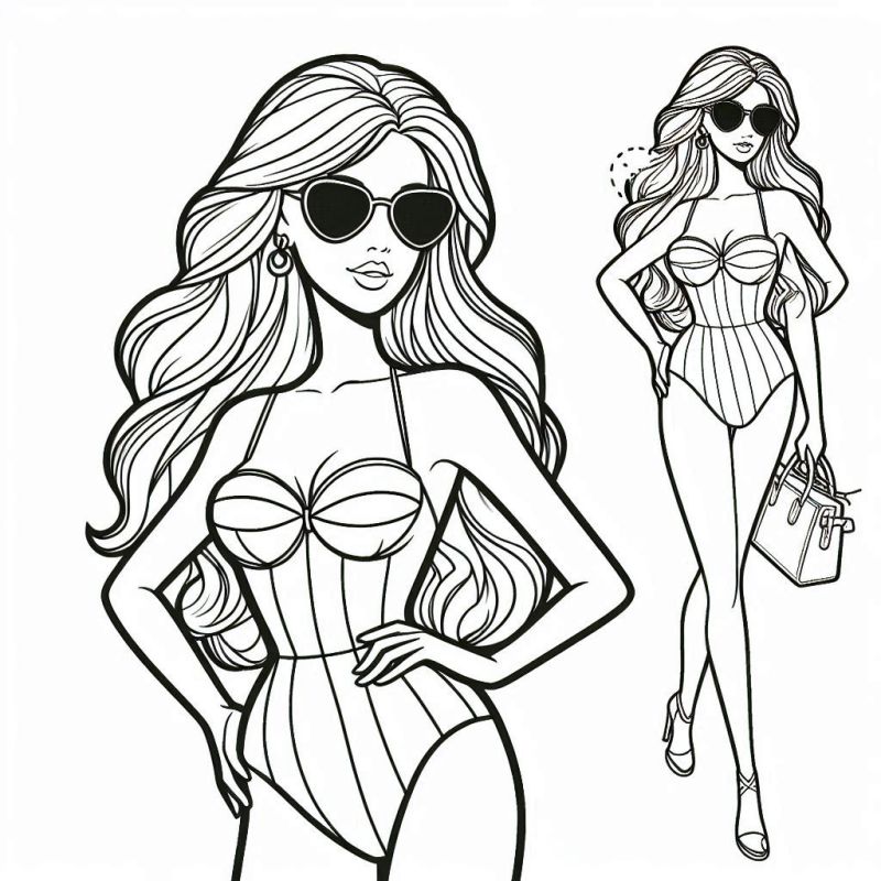 Desenho estilizado da Barbie com duas poses para colorir