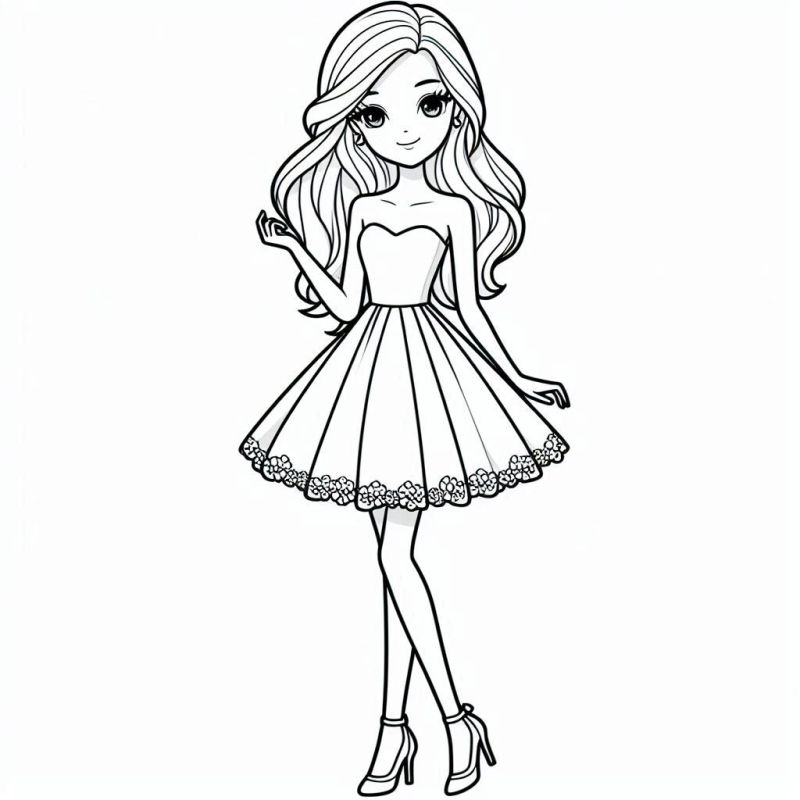 Desenho estilizado da Barbie para colorir, com vestido tomara-que-caia e cabelo longo ondulado.