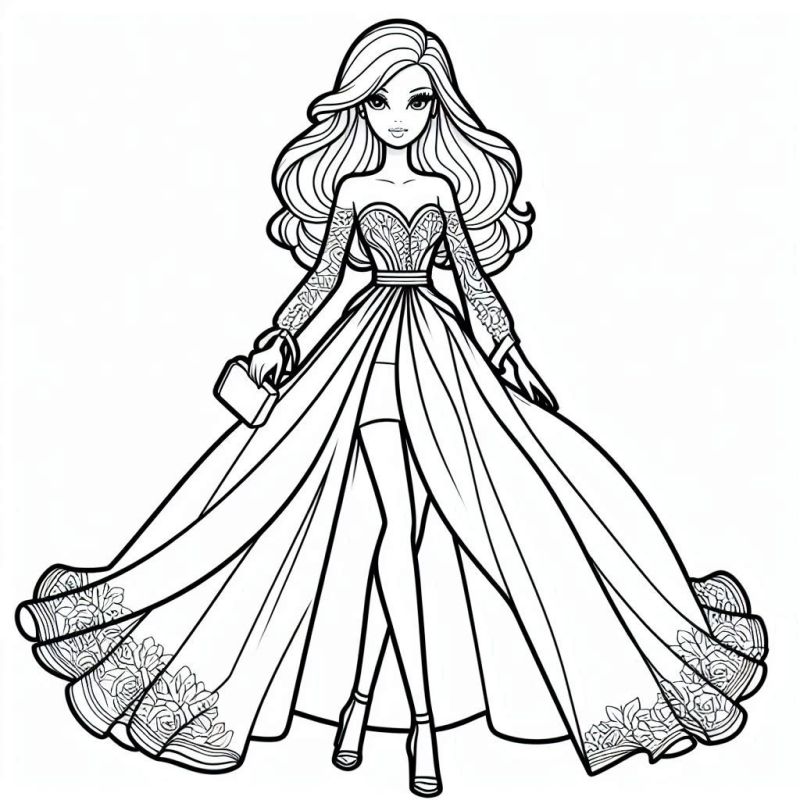 Desenho detalhado da Barbie em um vestido elegante para colorir