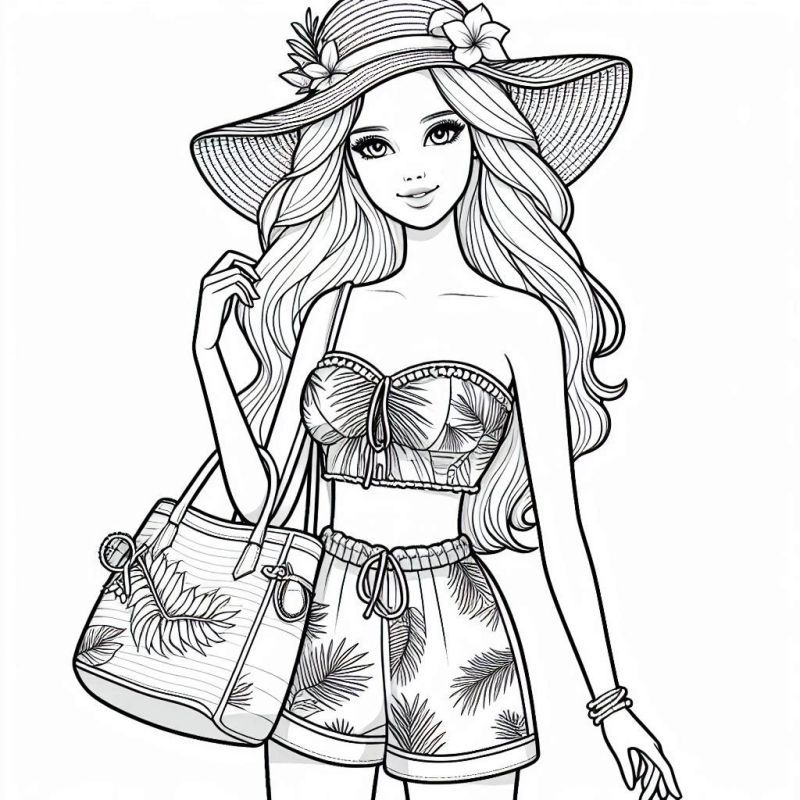 Desenho de personagem feminina estilizada para colorir, provavelmente Barbie, com estilo tropical