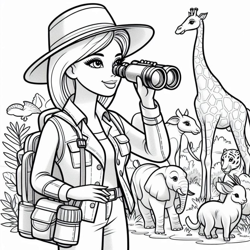 Desenho de Barbie exploradora com animais no safari para colorir