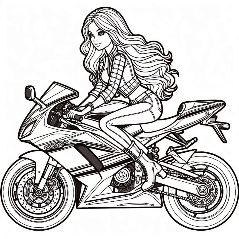 Desenho da Barbie pilotando uma moto esportiva para colorir