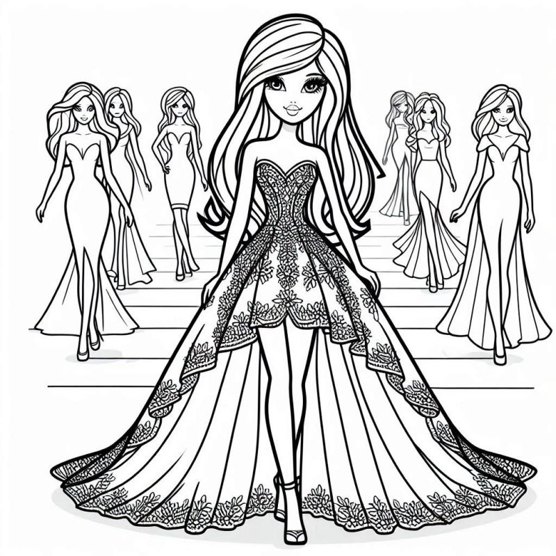 Desenho de várias personagens glamourosas Barbie em uma passarela de moda